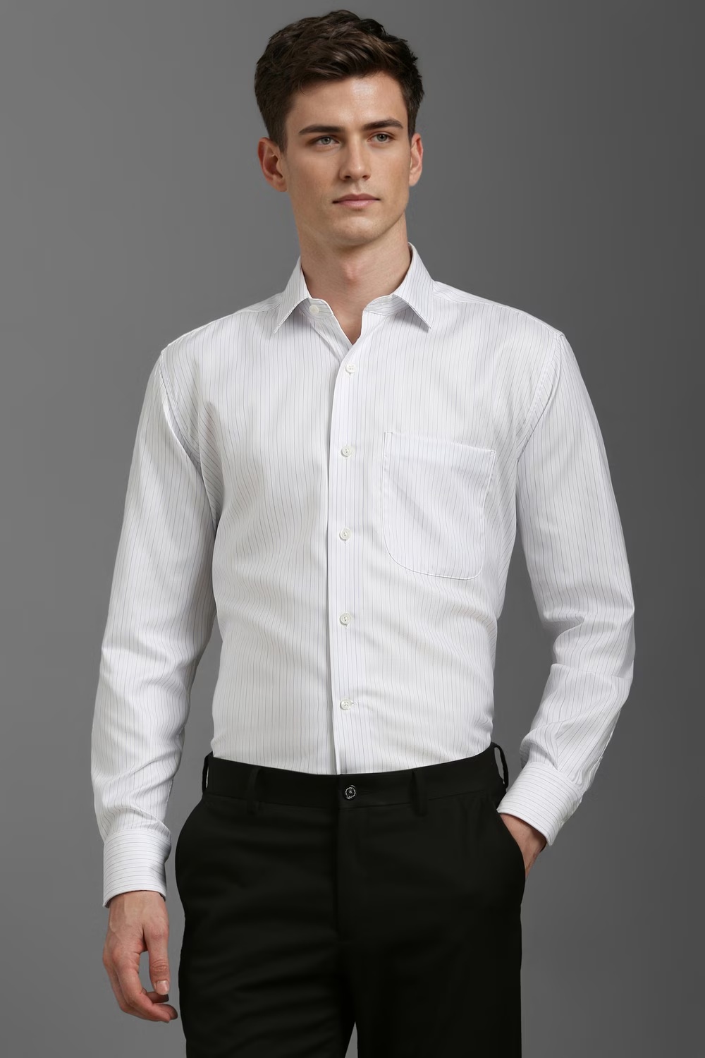 Men White Classic Fit Stripe Full Sleeves Formal Shirt-White