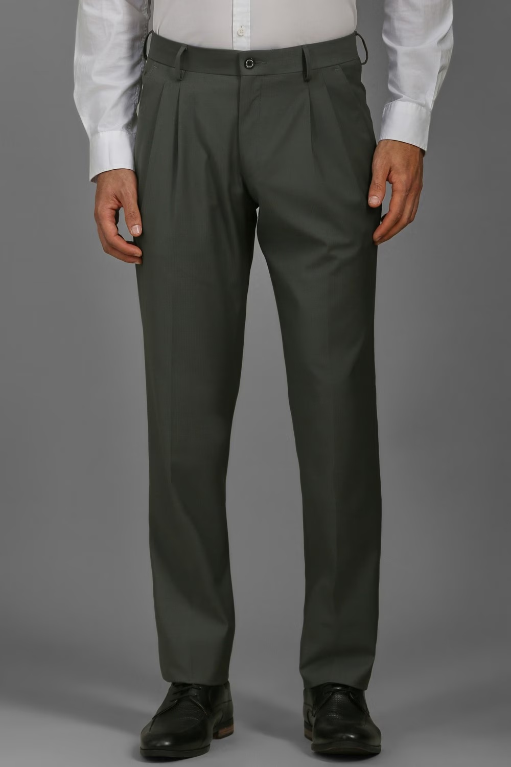 Men Olive Regular Fit Textured Pleated Formal Trousers-Olive