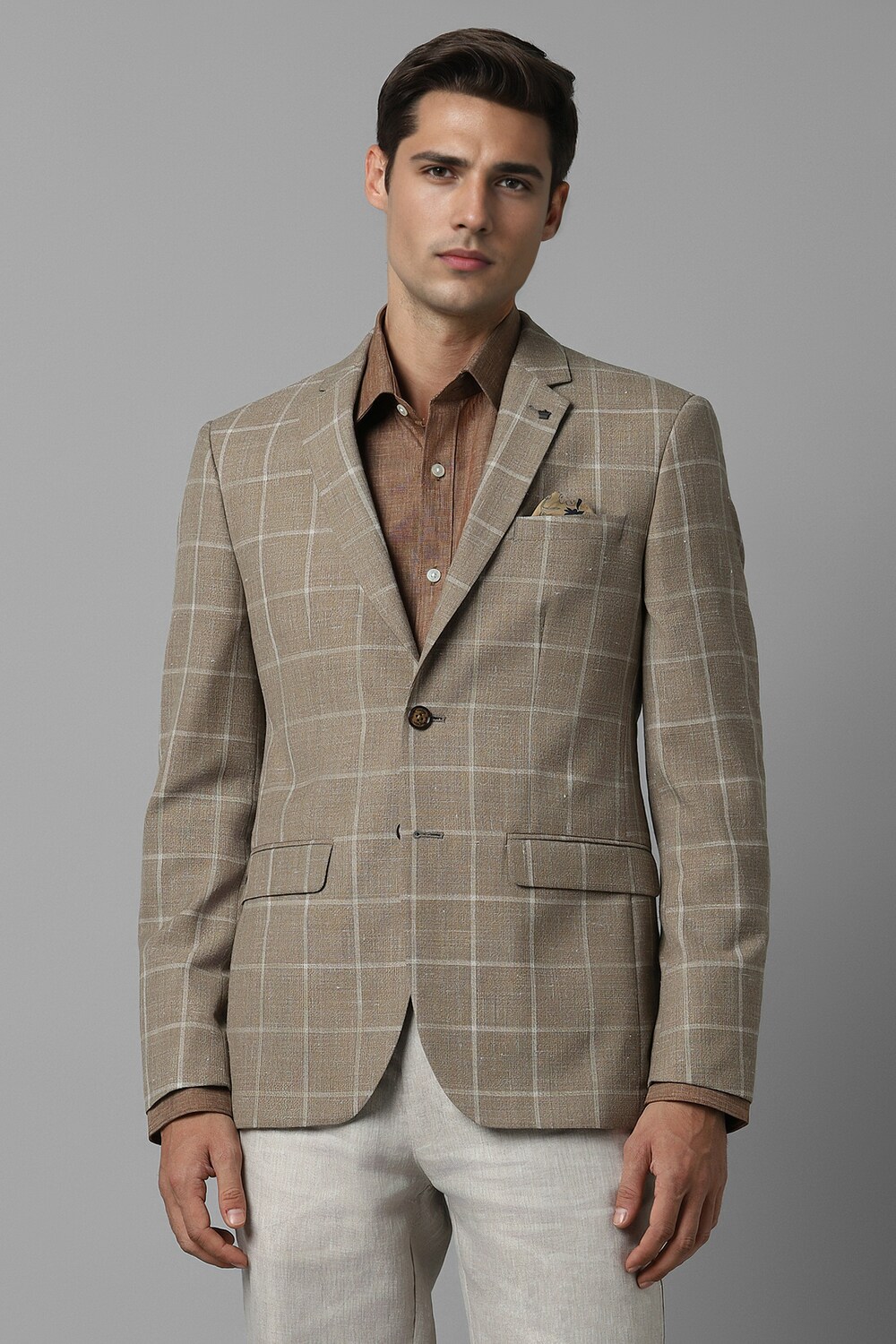 Men Brown Slim Fit Check Formal Blazer-Brown