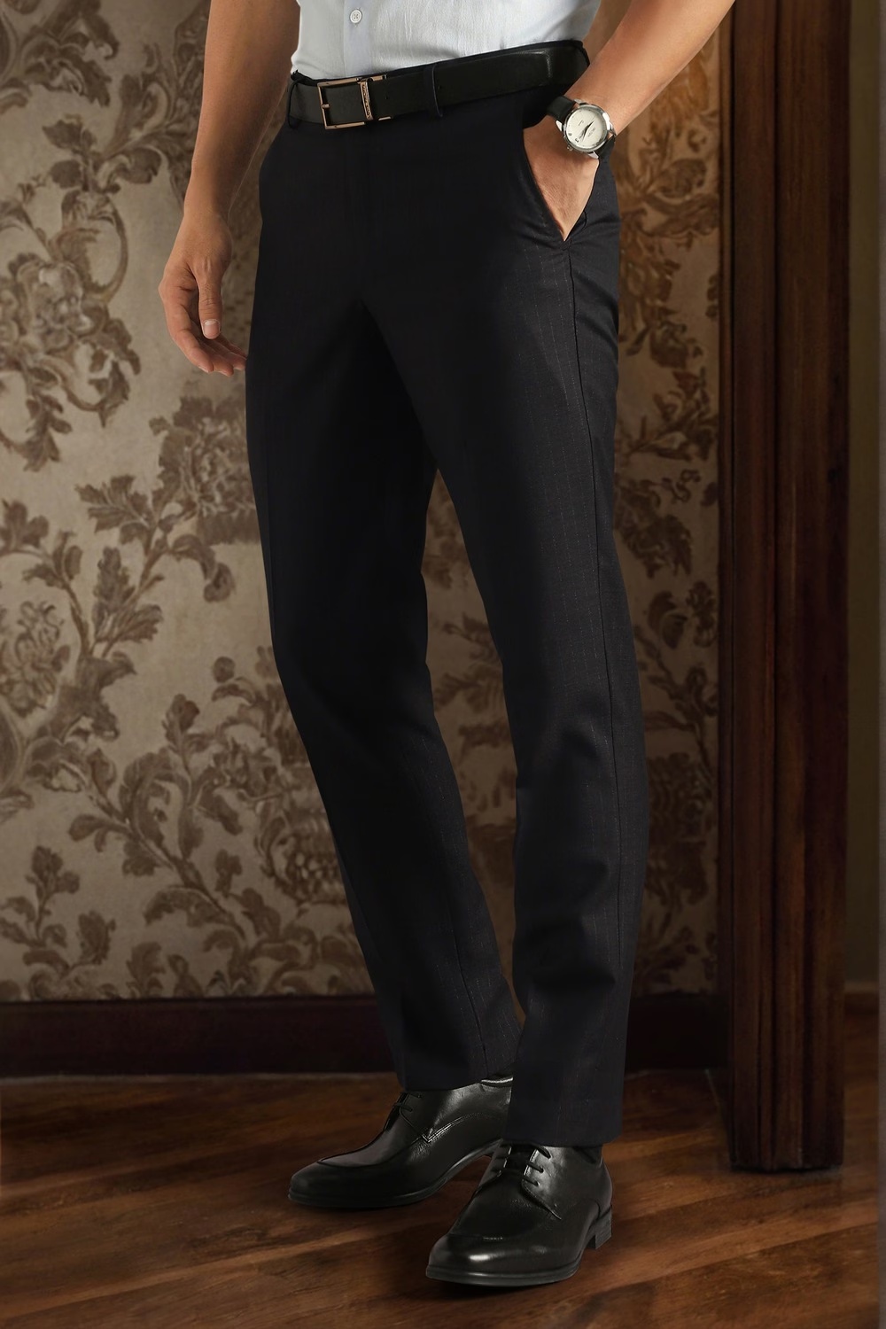 Men Black Textured Flat Front Formal Trousers-Black
