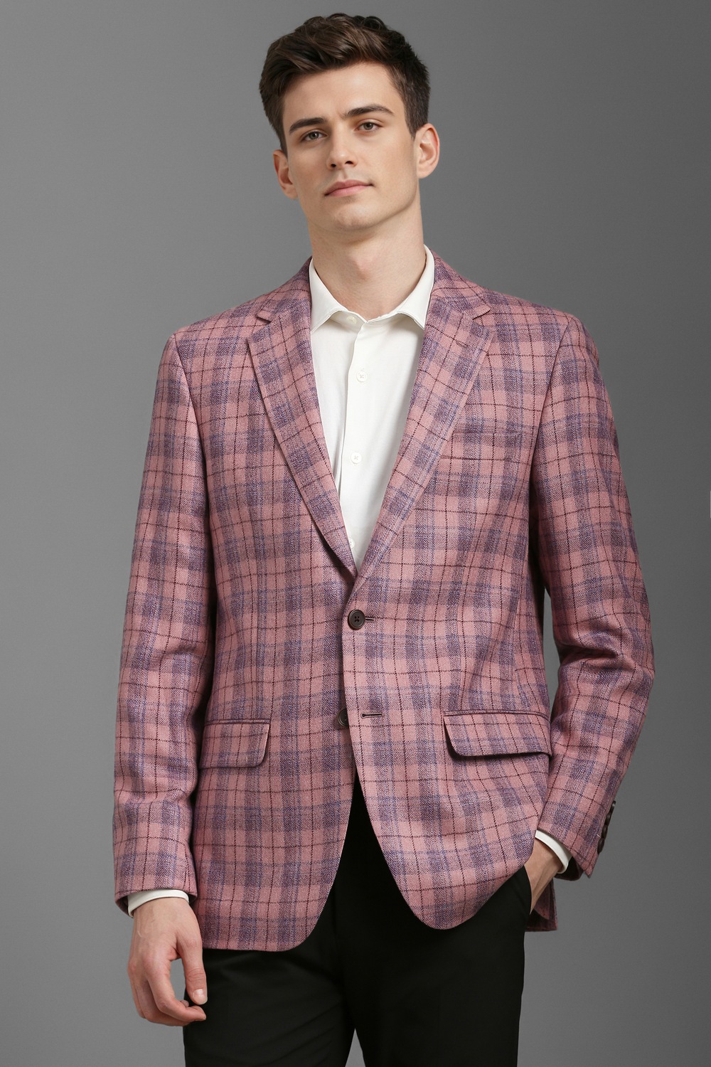 Men Pink Regular Fit Check Formal Blazer-Pink