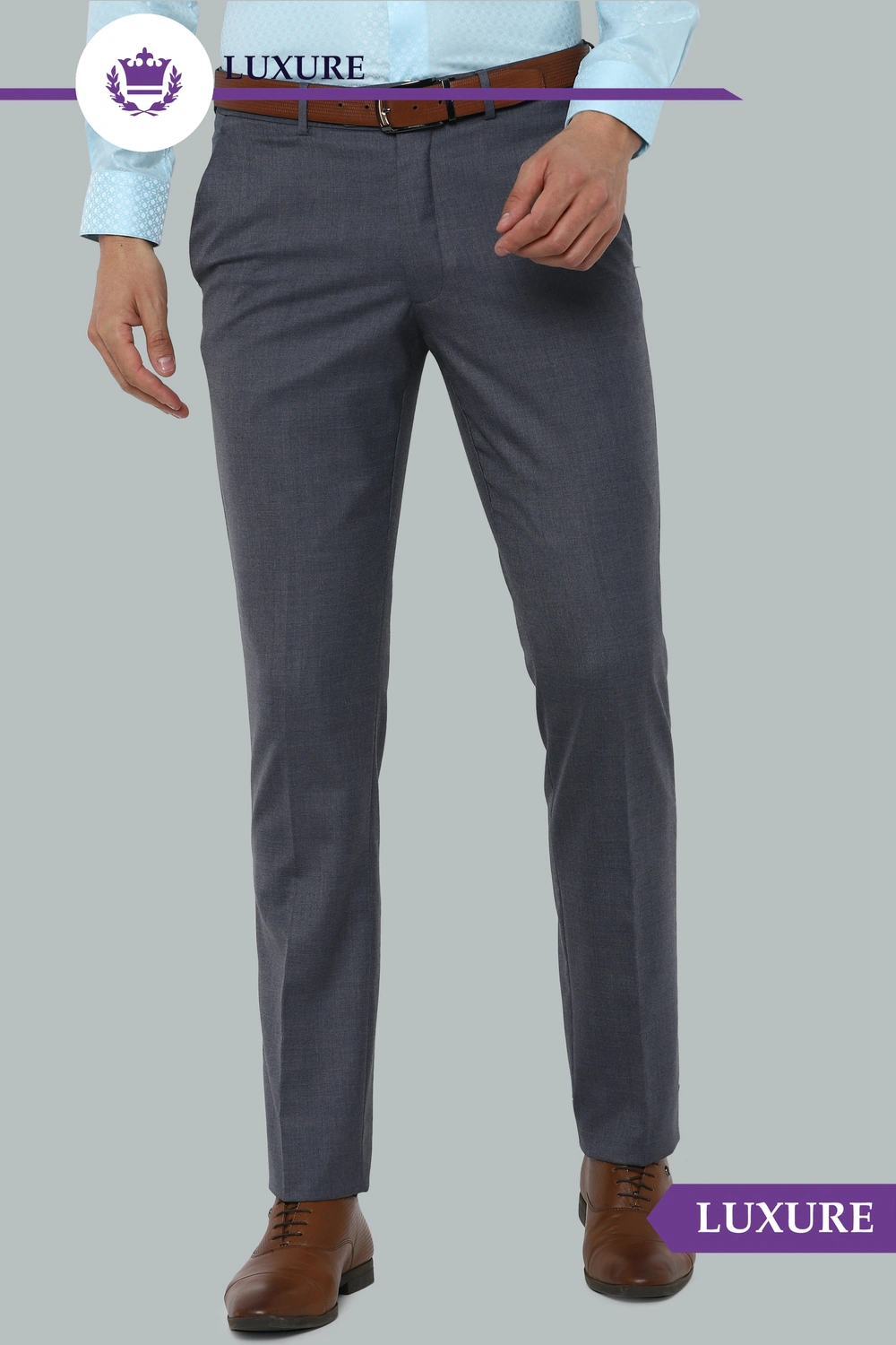 Men Grey Slim Fit Textured Flat Front Formal Trousers-Grey
