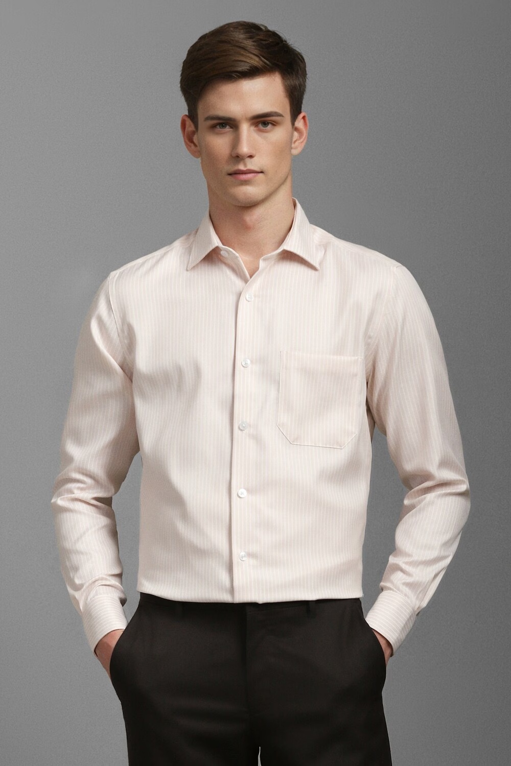 Men Beige Classic Fit Stripe Full Sleeves Formal Shirt-Beige
