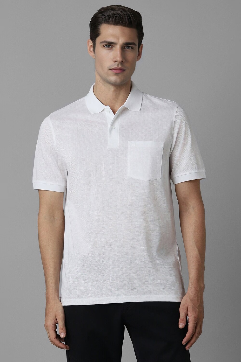 Men White Textured Polo Neck T-shirt-White