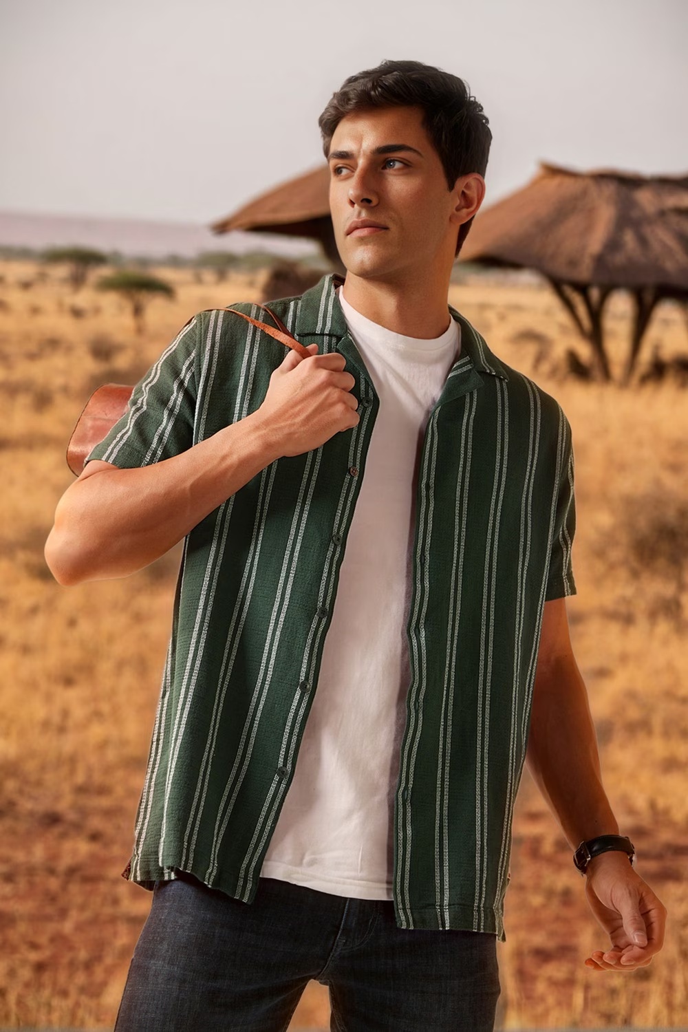 Men Green Slim Fit Stripe Half Sleeves Casual Shirt-Green