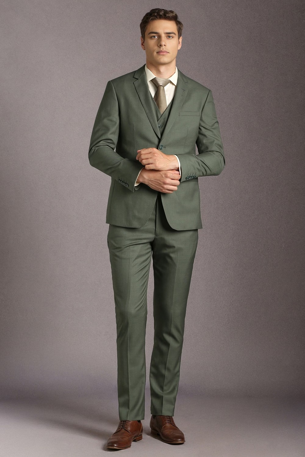 Men Olive Textured Formal Three Piece Suit-Olive