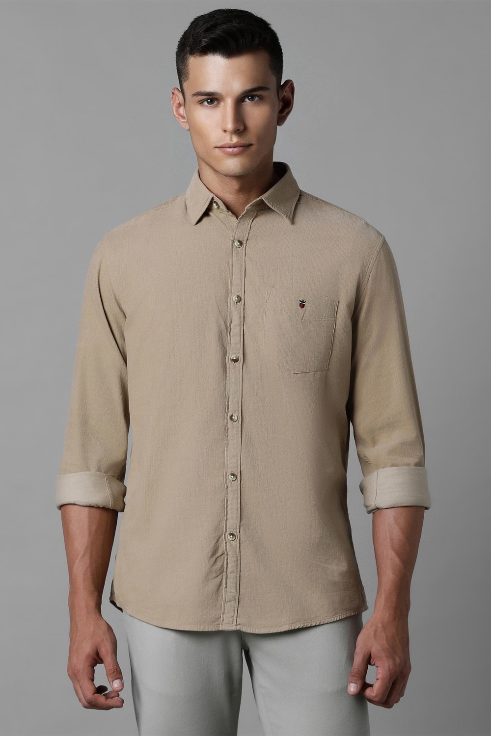 Men Khaki Slim Fit Textured Full Sleeves Casual Shirt-Khaki