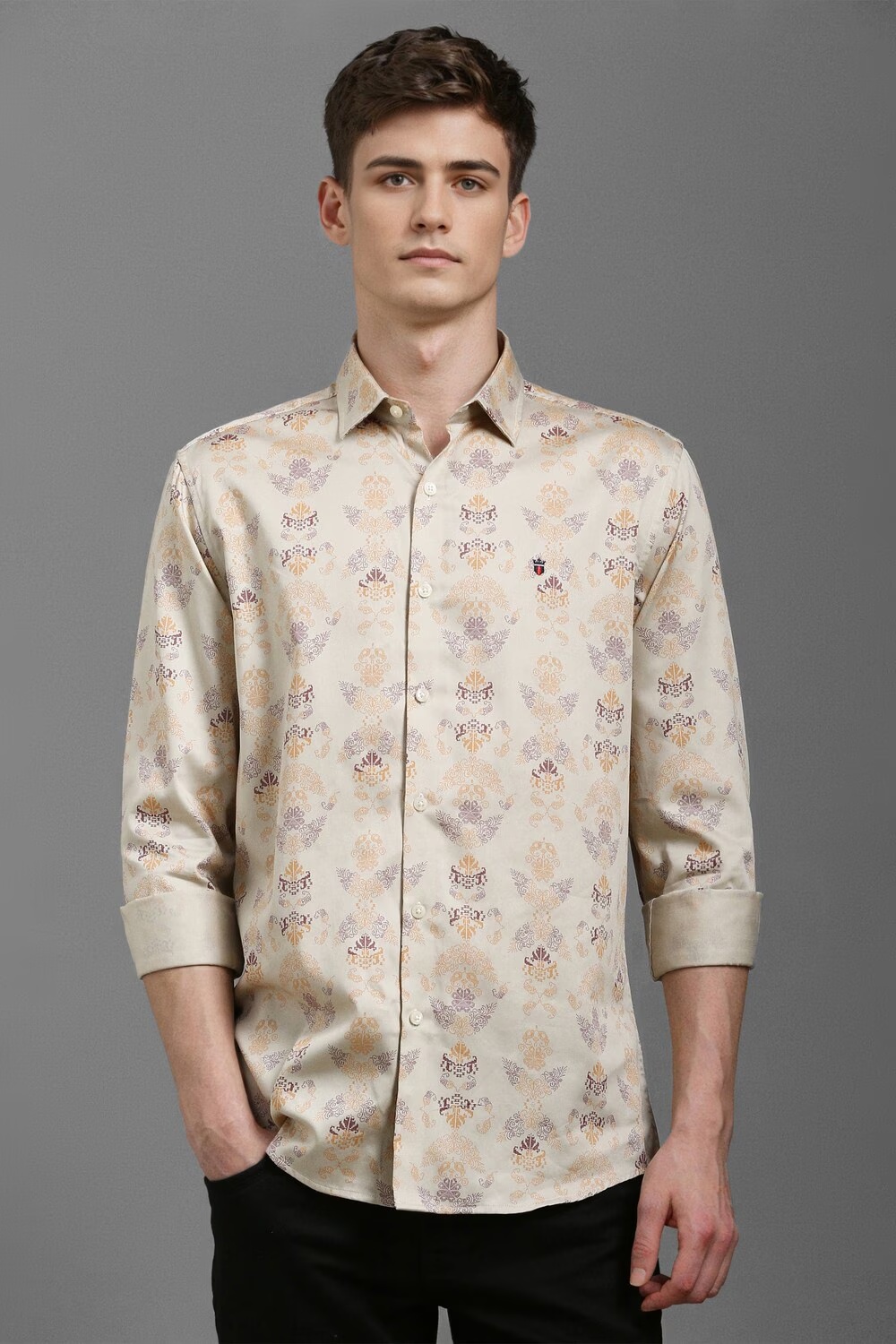 Men Cream Slim Fit Print Full Sleeves Casual Shirt-Cream