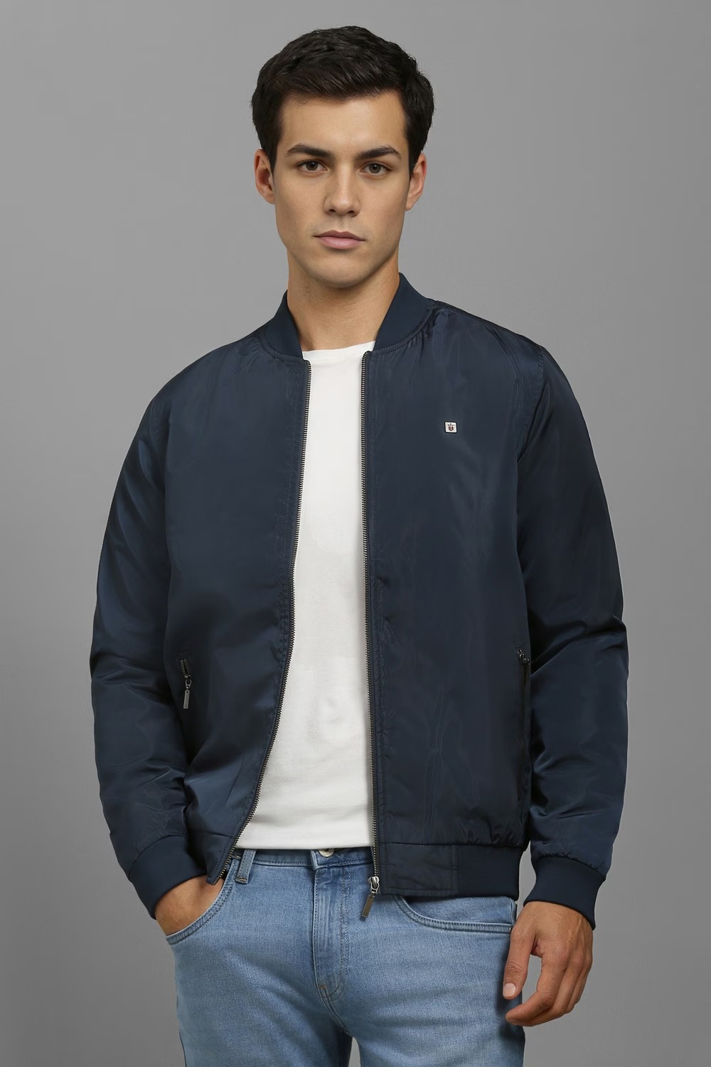 Men Casual Navy Solid Jackets-Navy