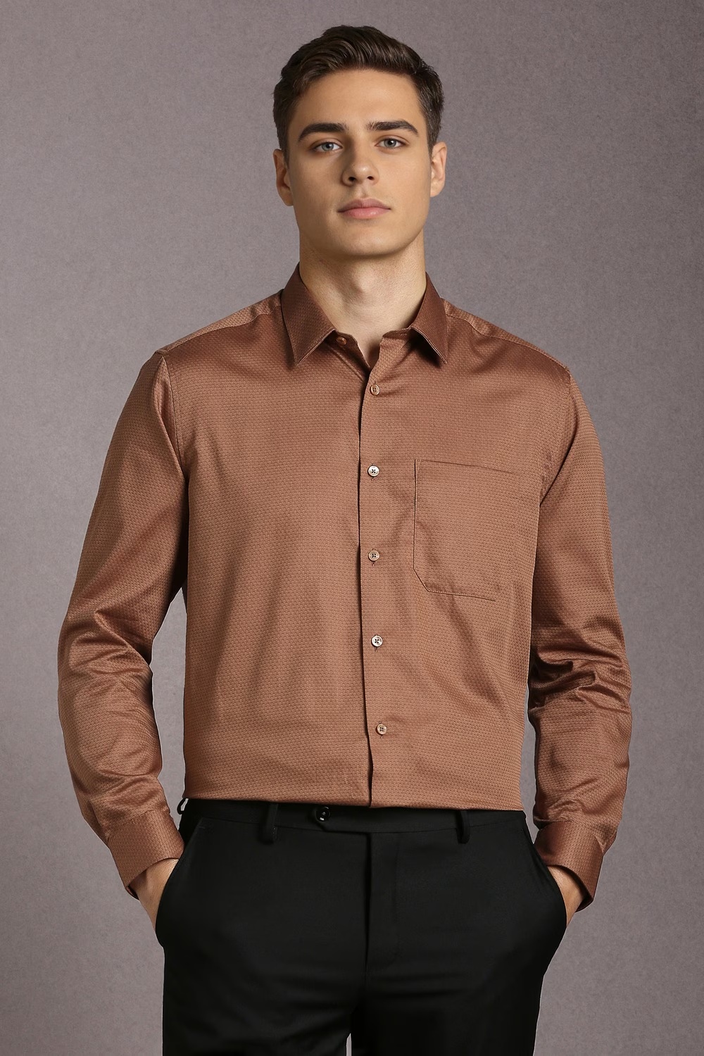 Men Brown Print Full Sleeves Formal Shirt-Brown