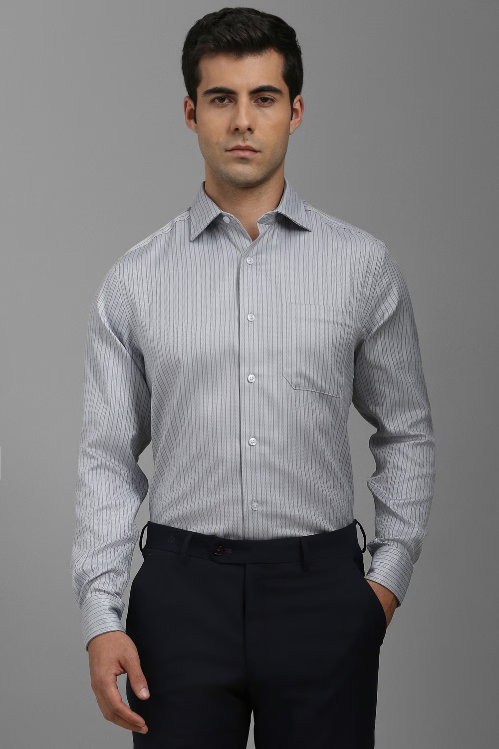 Men Grey Classic Fit Stripe Full Sleeves Formal Shirt-Grey