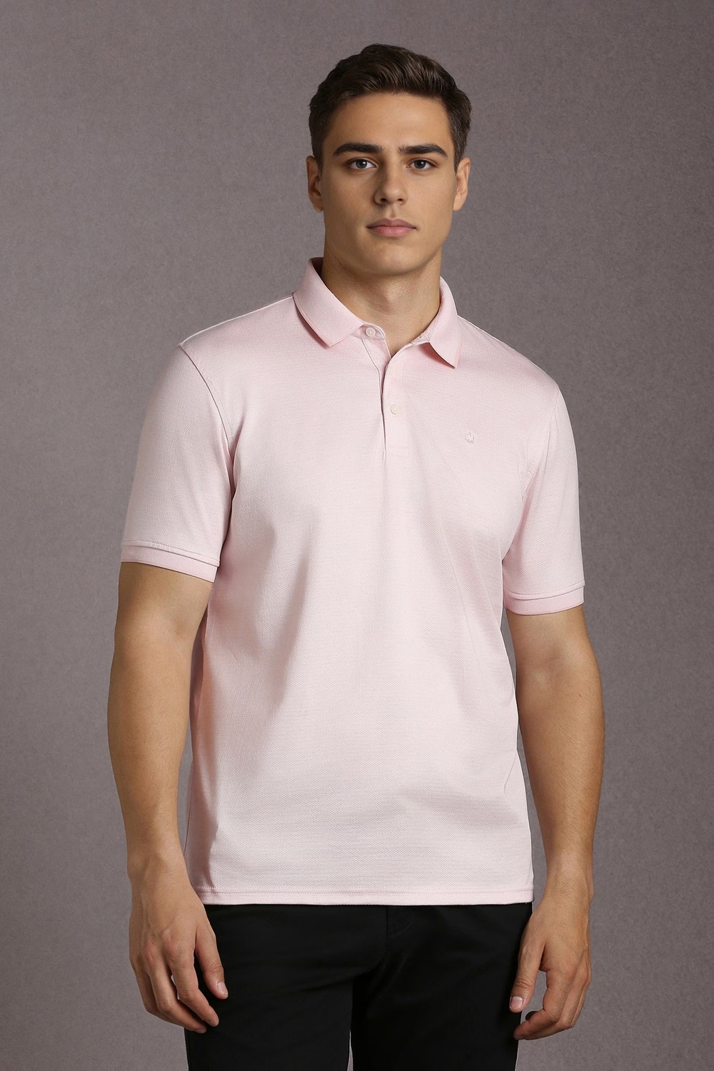Men Pink Textured Polo Neck T-shirt-Pink