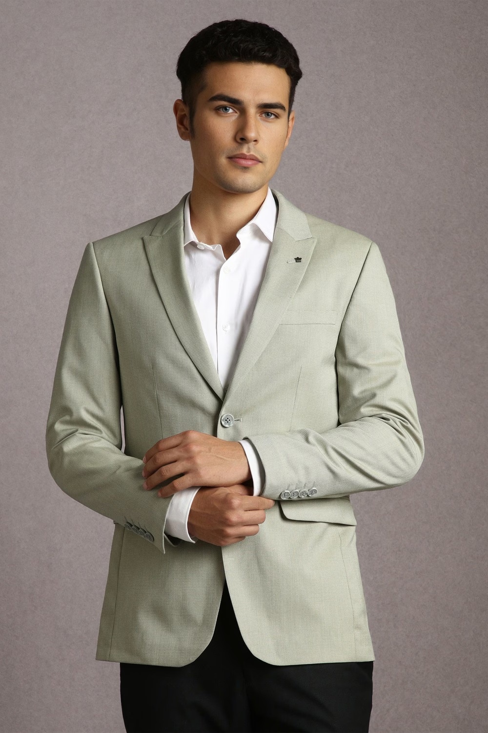 Men Grey Textured Formal Blazer-Grey
