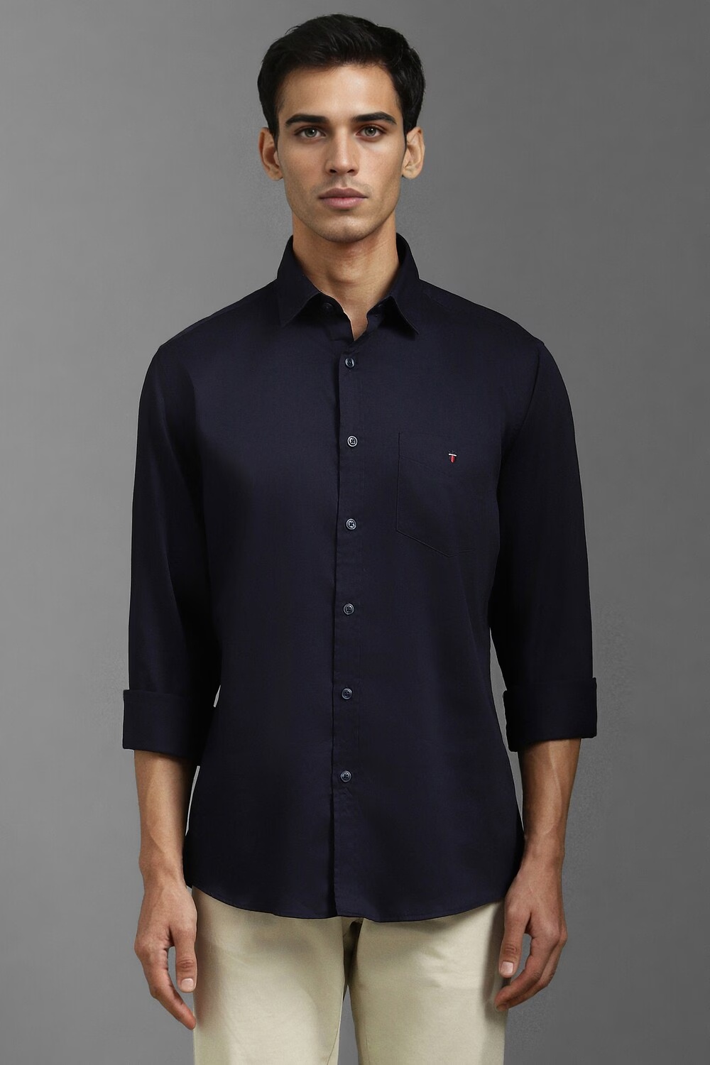 Men Navy Slim Fit Solid Full Sleeves Casual Shirt-Navy