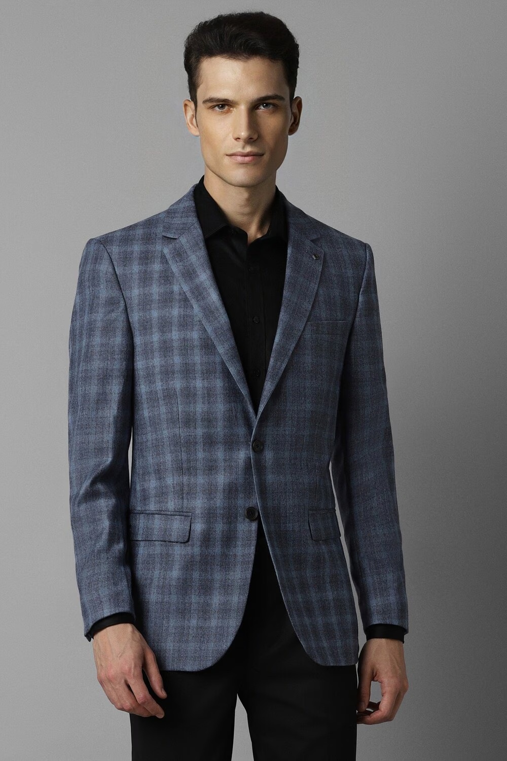 Men Blue Regular Fit Check Formal Blazer-Blue
