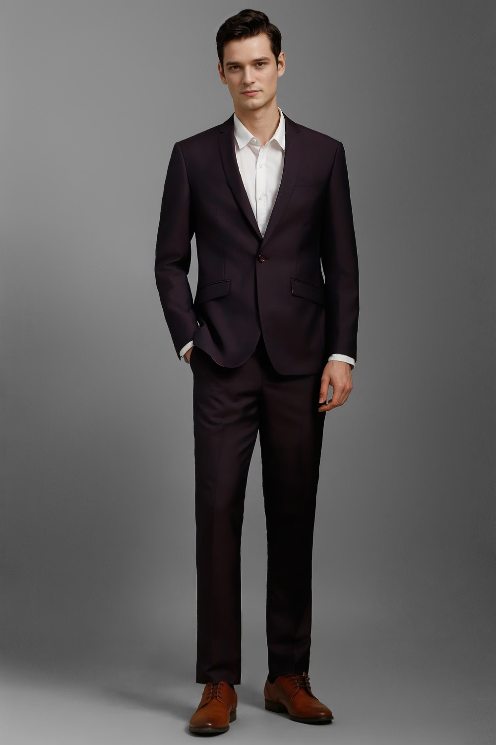 Men Maroon Slim Fit Solid Formal Two Piece Suit-Maroon