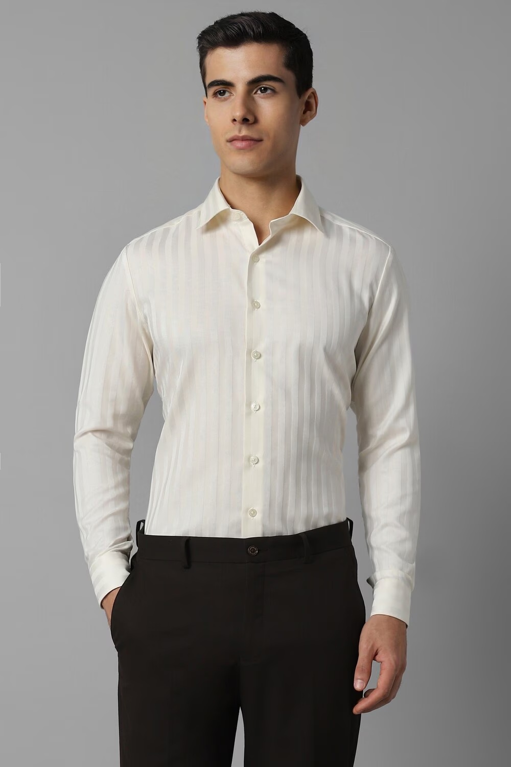 Men Cream Slim Fit Stripe Full Sleeves Formal Shirt-Cream