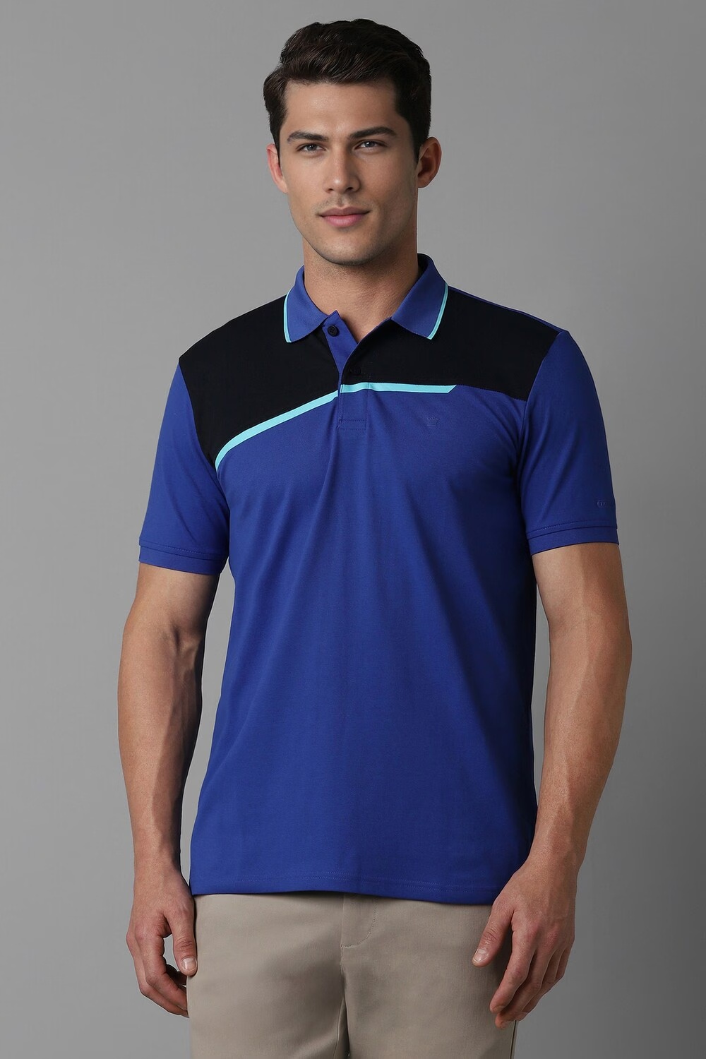 Men Navy Print Polo Neck T-shirt-Navy