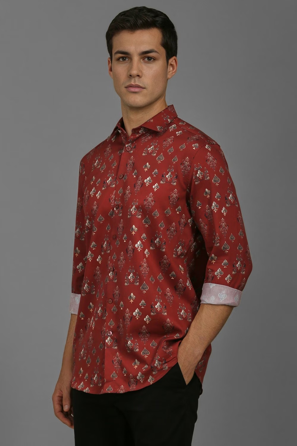 Men Red Slim Fit Print Full Sleeves Casual Shirt-Red