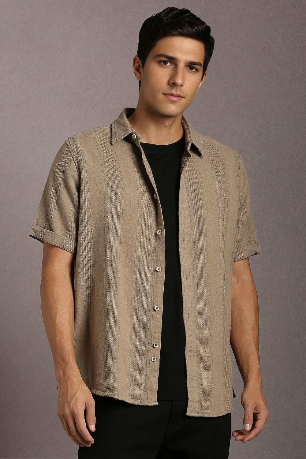 Men Brown Textured Half Sleeves Casual Shirt-Brown