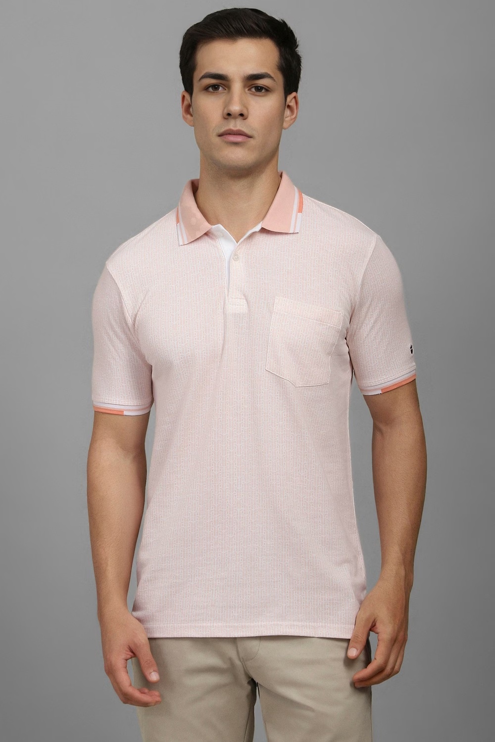 Men Peach Print Polo Neck T-shirt-Peach
