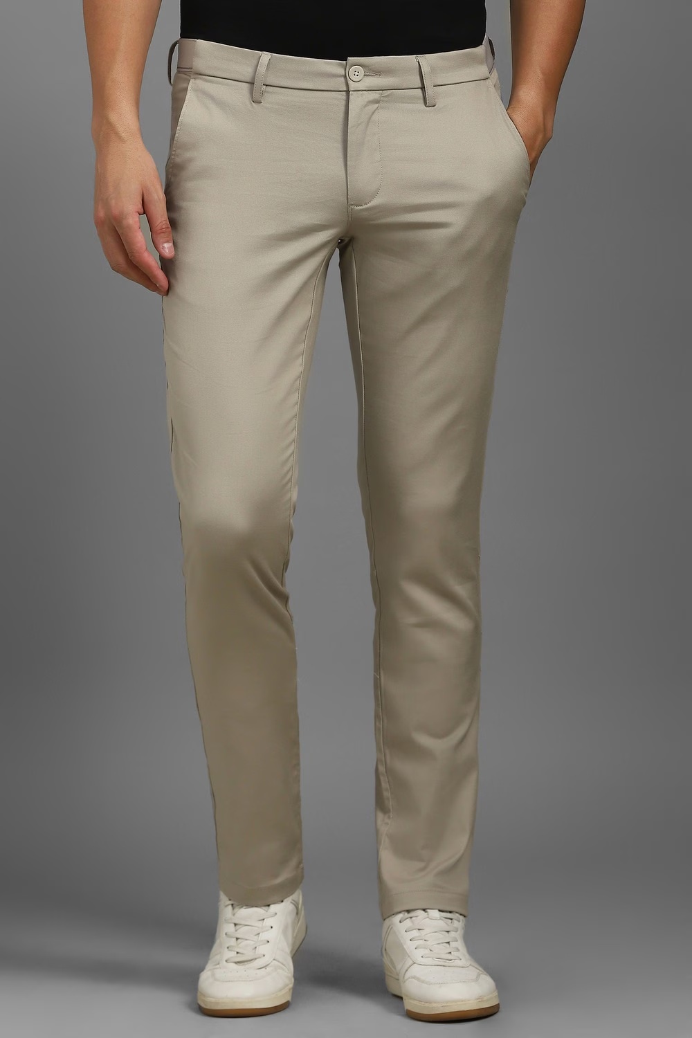 Men Beige Contemporary Fit Solid Flat Front Casual Trousers-Beige