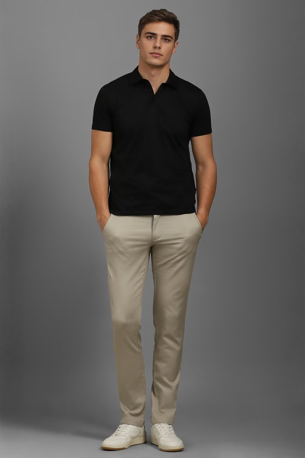 Men Beige Contemporary Fit Solid Flat Front Casual Trousers-Beige