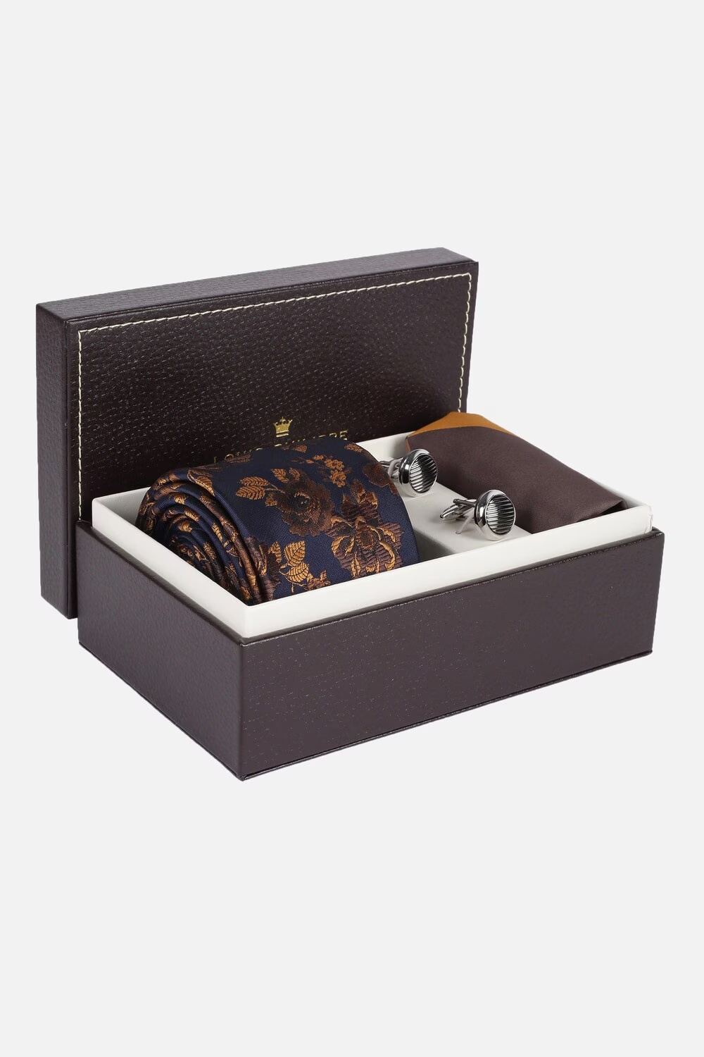 Men Navy Embroidered Tie Pocket Square And Cufflink-Navy