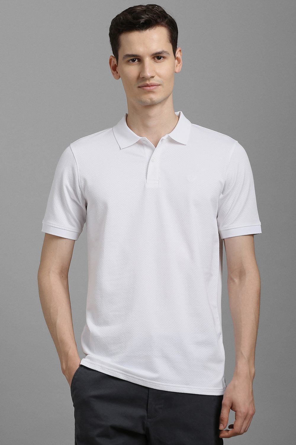 Men White Textured Polo Neck T-shirt-White