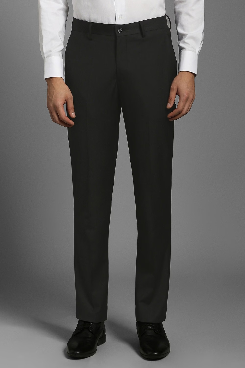 Men Black Textured Flat Front Formal Trousers-Black