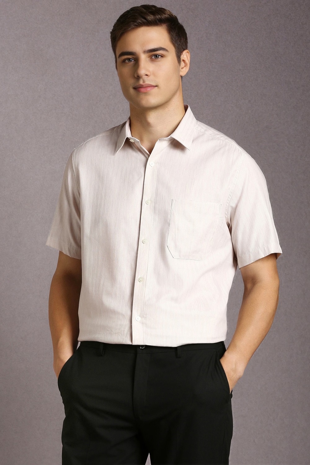 Men Beige Textured Half Sleeves Formal Shirt-Beige 1 65254-men-beige-textured-half-sleeves-formal-shirt-beige-1.jpg