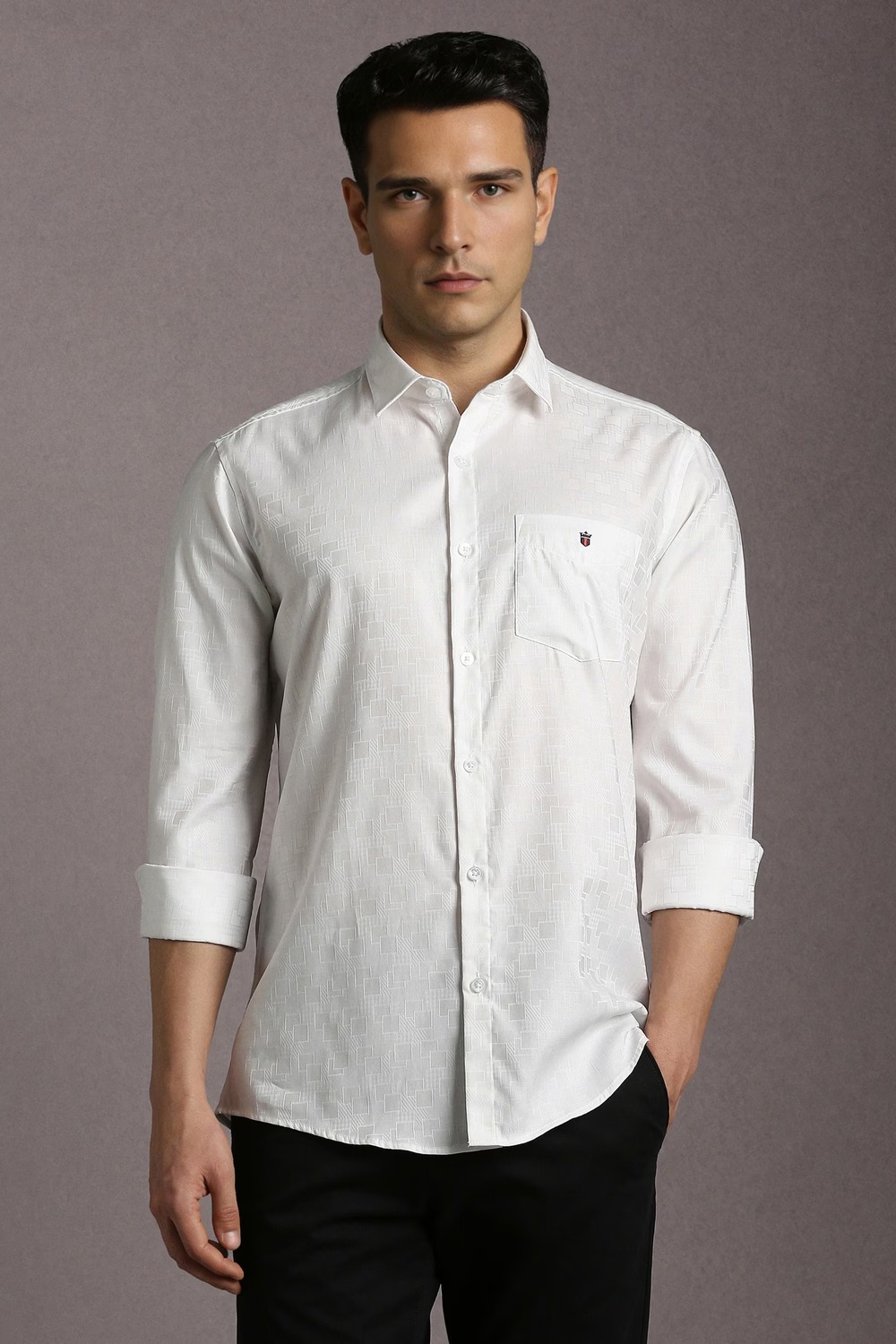 Men White Textured Full Sleeves Casual Shirt-White