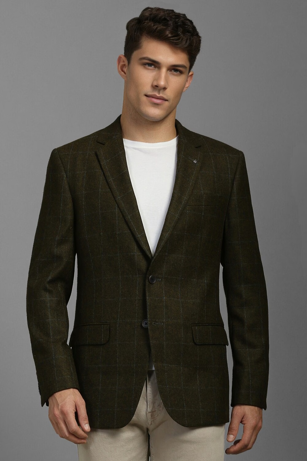 Men Green Regular Fit Check Formal Blazer-Green