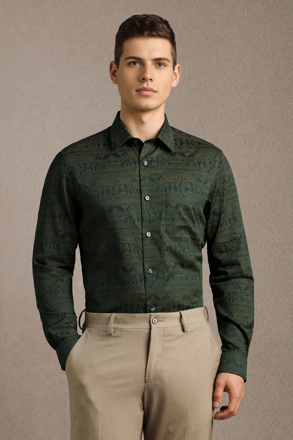 Men Green Print Full Sleeves Formal Shirt-Green