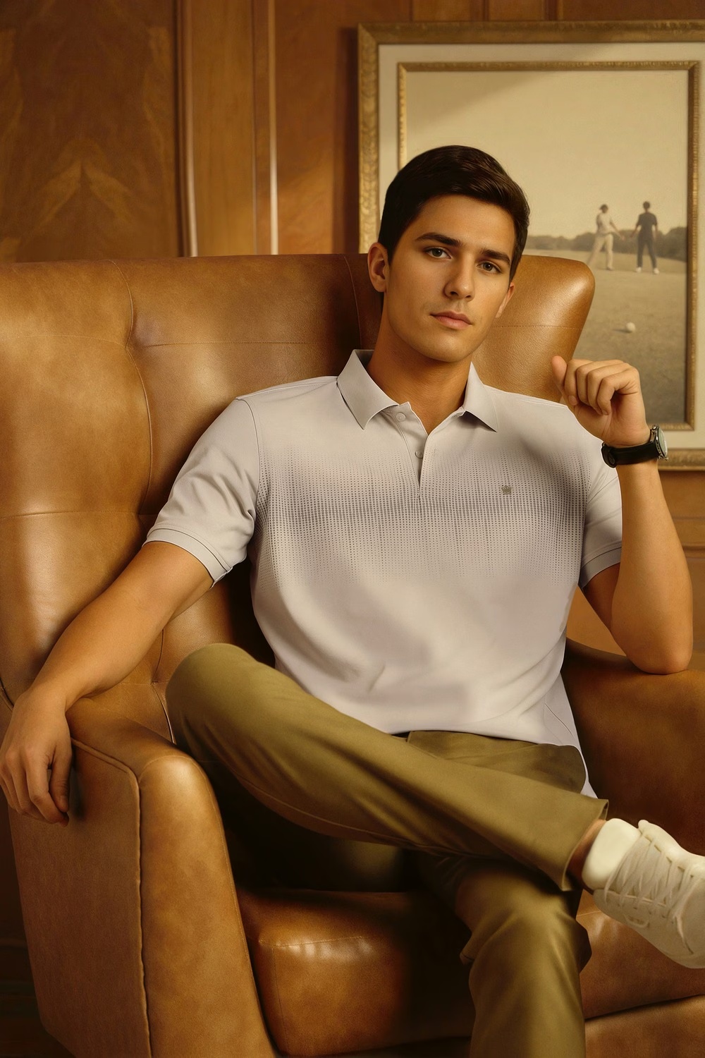 Men Grey Patterned Polo Neck T-shirt-Grey
