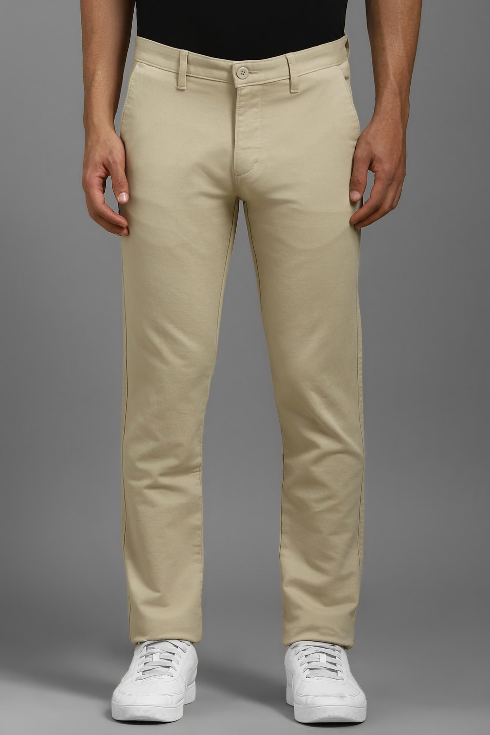 Men Beige Slim Fit Solid Flat Front Casual Trousers-Beige