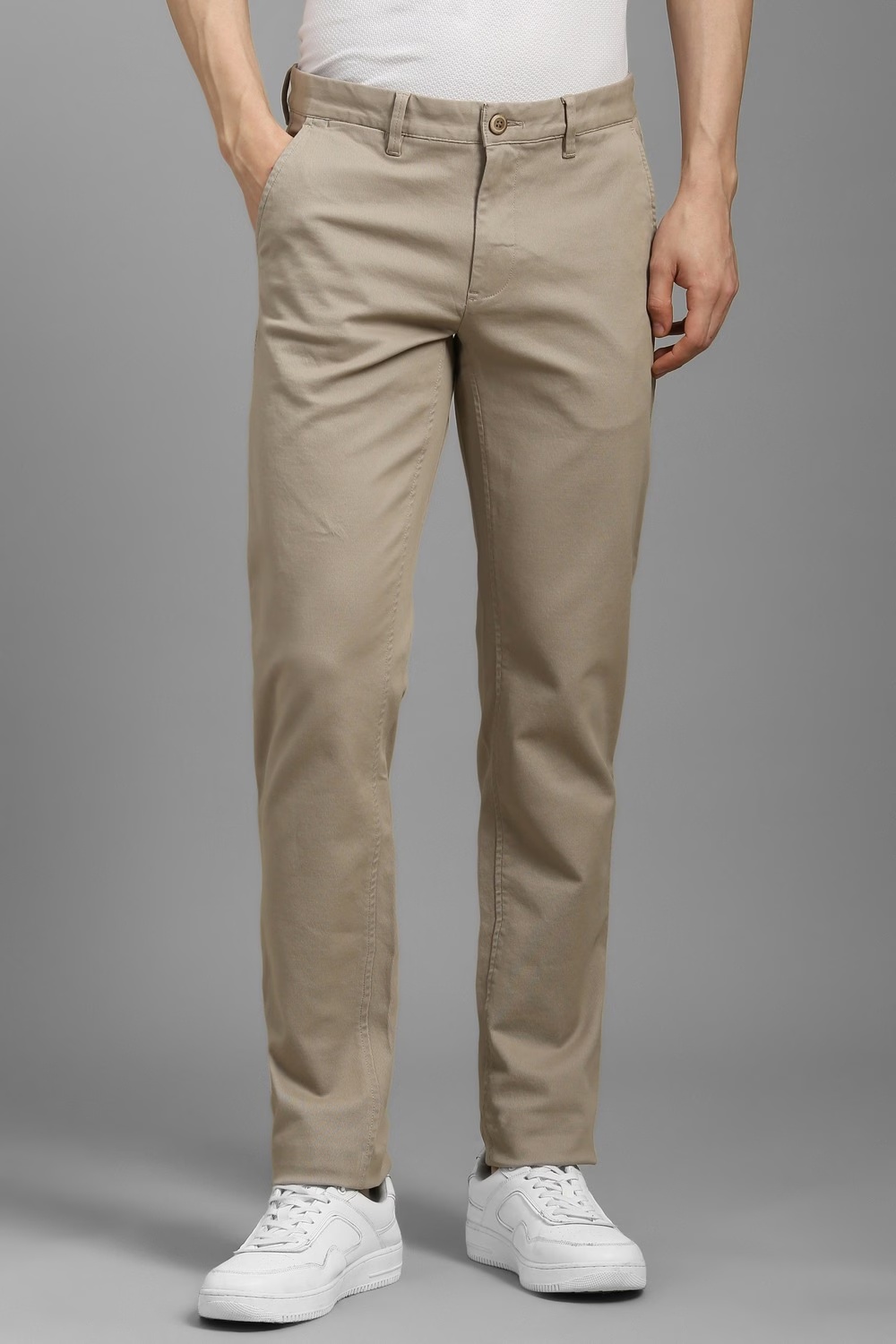 Men Beige Slim Fit Textured Flat Front Casual Trousers-Beige