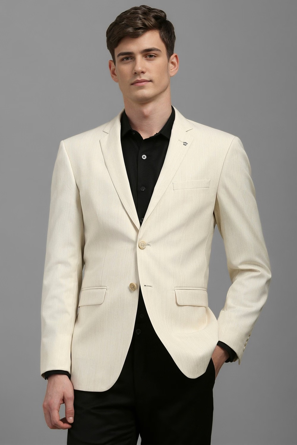 Men Cream Slim Fit Textured Formal Blazer-Cream