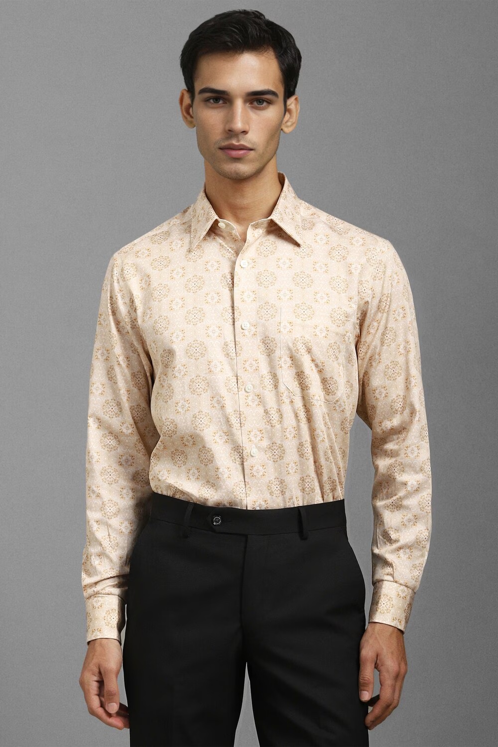 Men Beige Classic Fit Print Full Sleeves Formal Shirt-Beige
