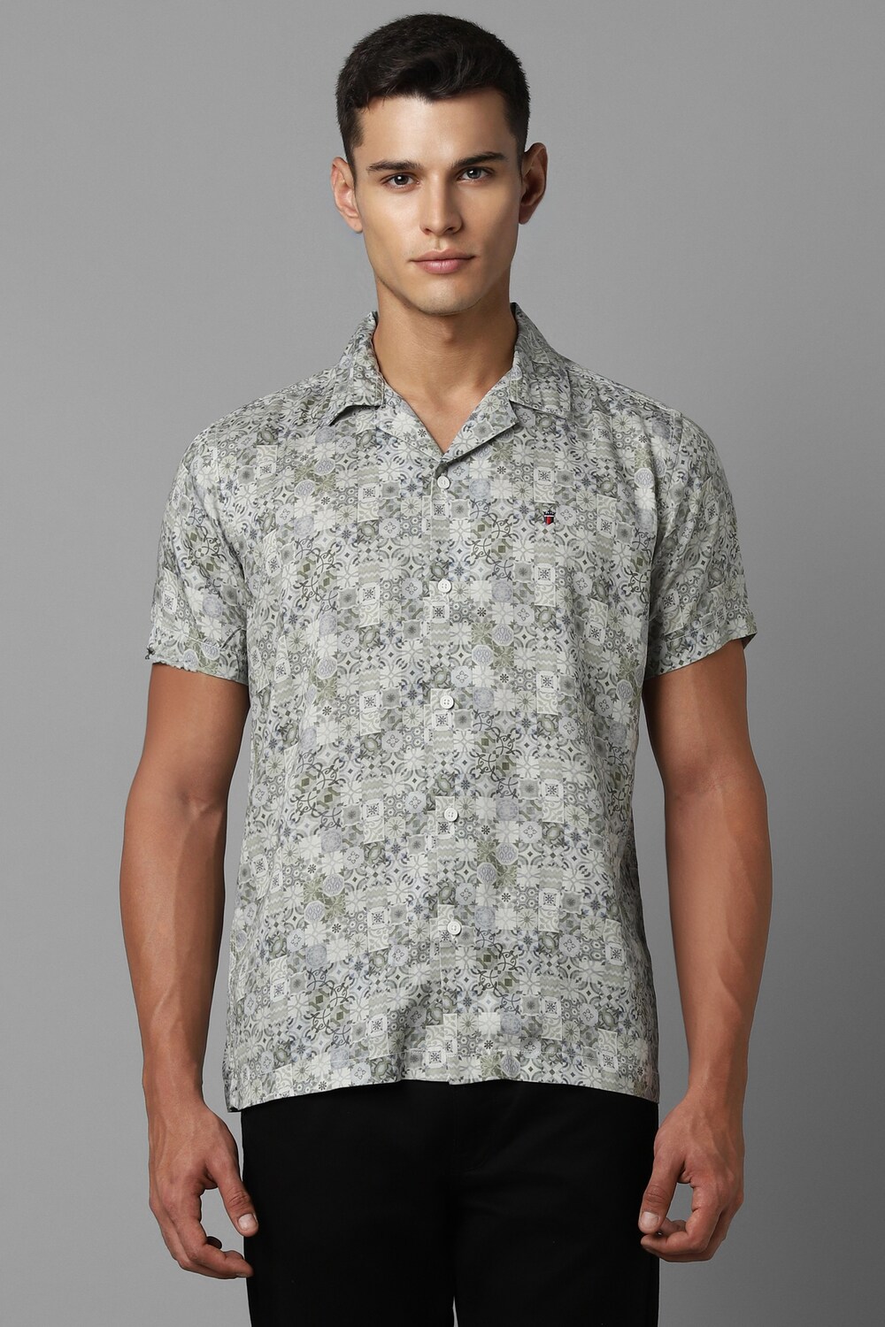 Men Grey Slim Fit Print Half Sleeves Casual Shirt-Grey