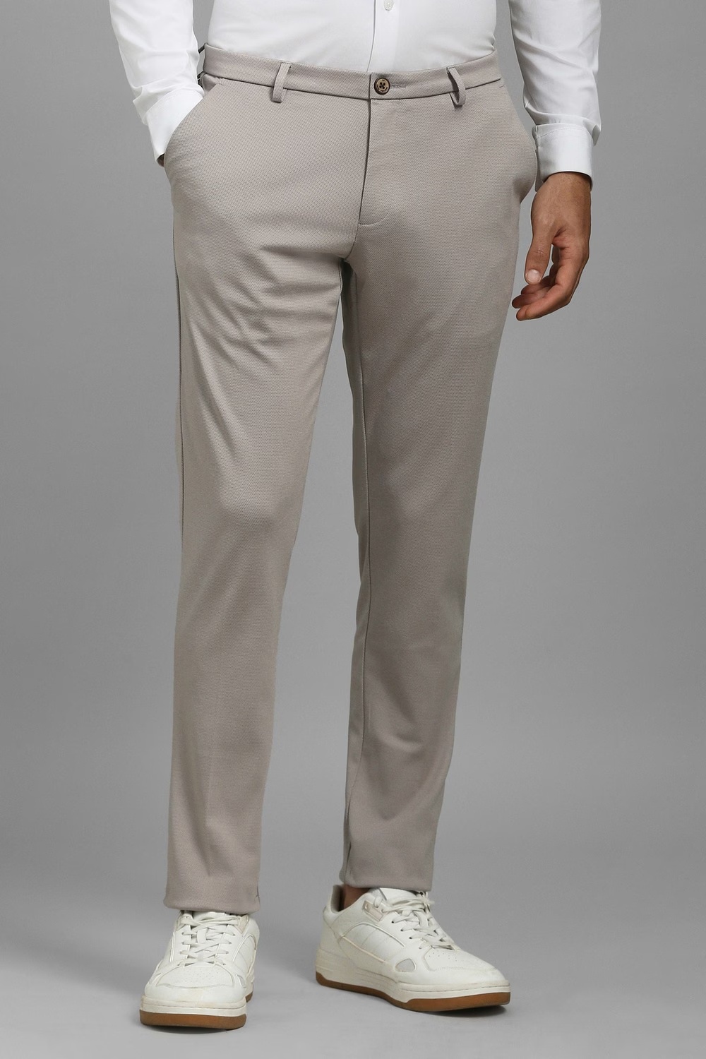 Men Grey Contemporary Fit Textured Flat Front Casual Trousers-Grey
