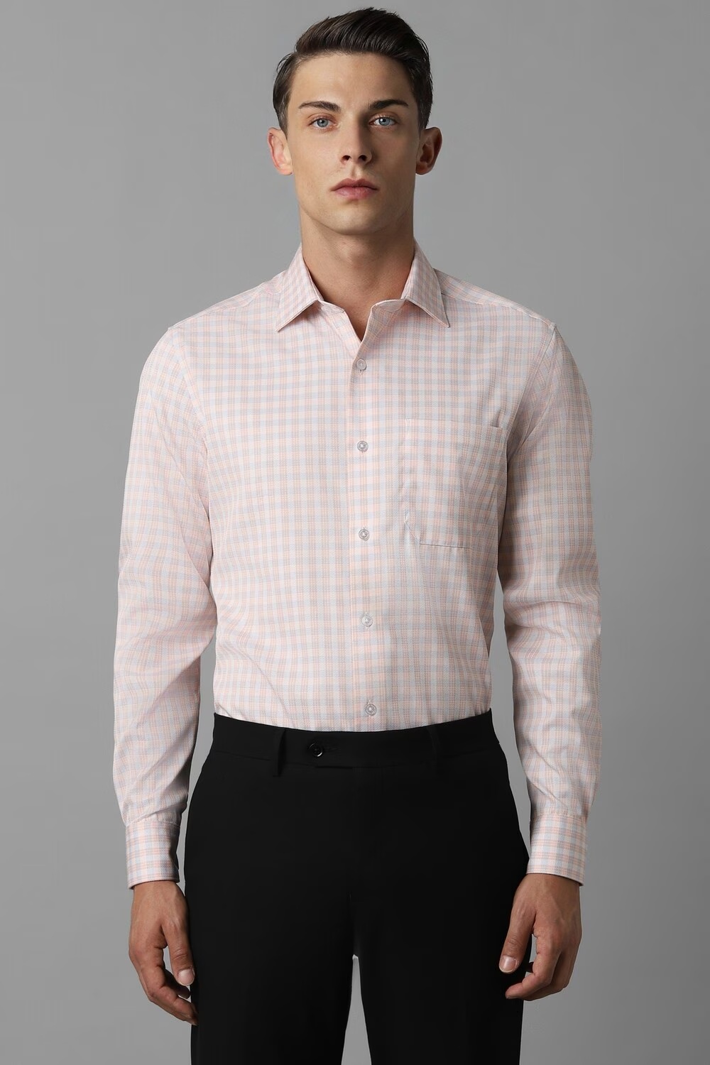 Men Peach Classic Fit Check Full Sleeves Formal Shirt-Peach