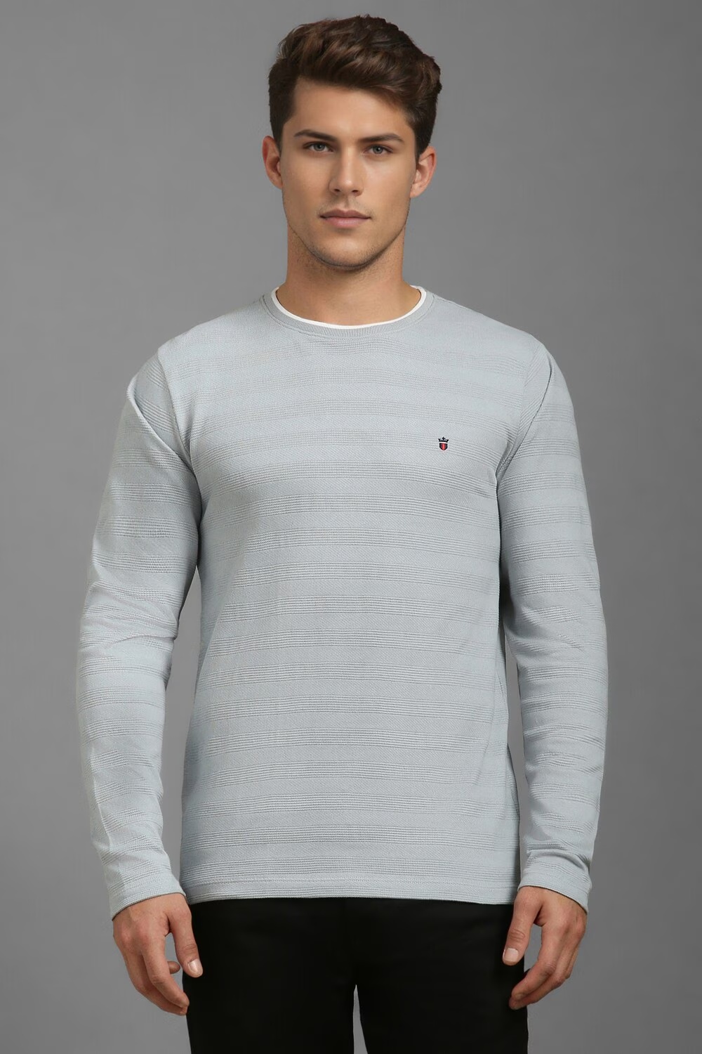 Men Grey Textured Crew Neck T-shirt-Grey