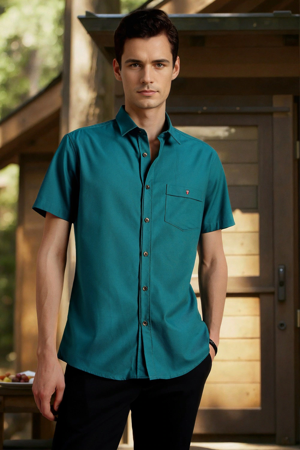 Men Green Slim Fit Solid Half Sleeves Casual Shirt-Green