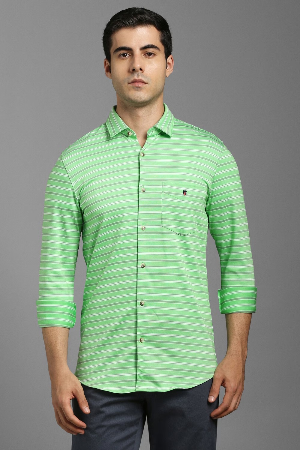 Men Green Stripe Full Sleeves Casual Shirt-Green