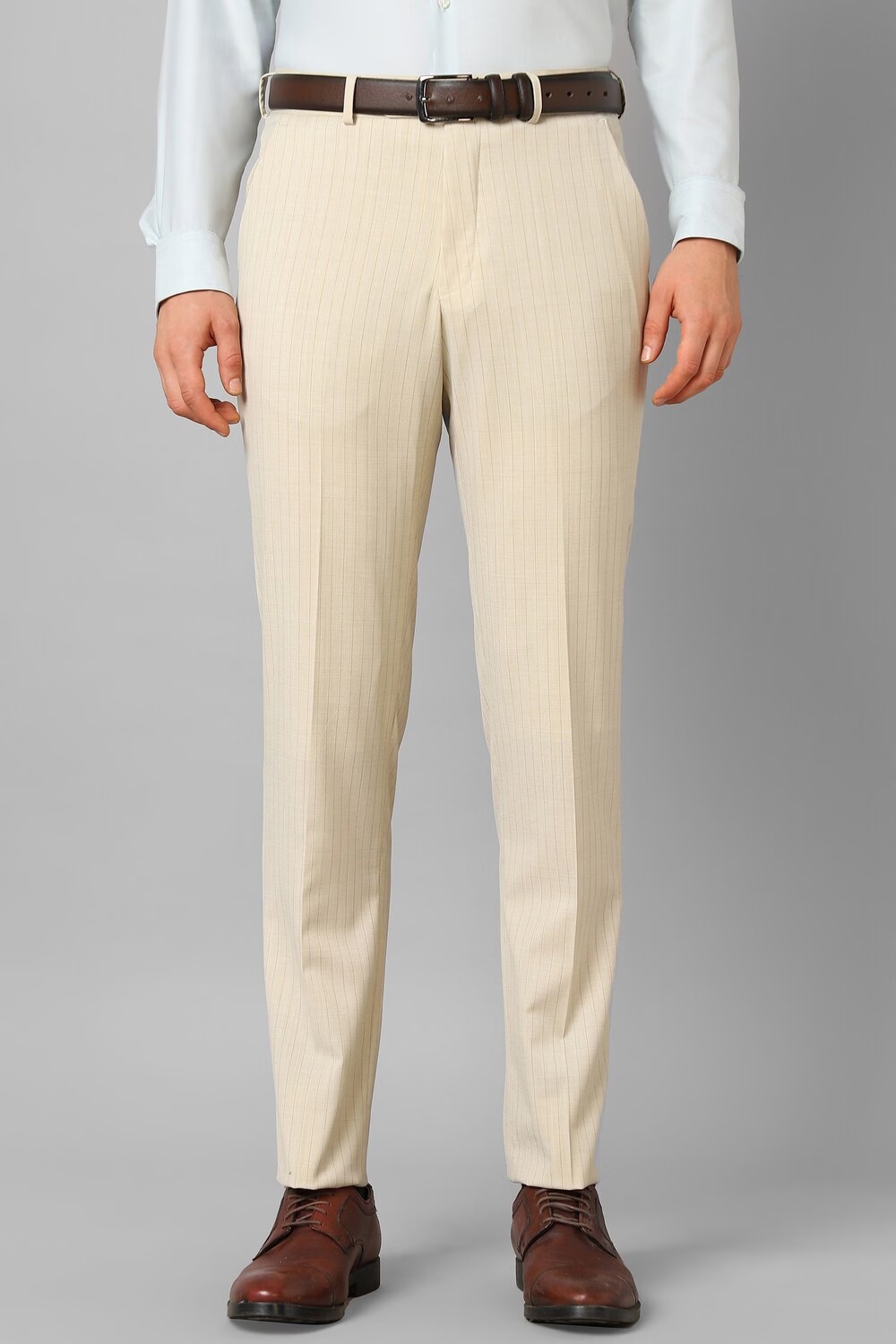 Men Cream Slim Fit Stripe Flat Front Formal Trousers-Cream