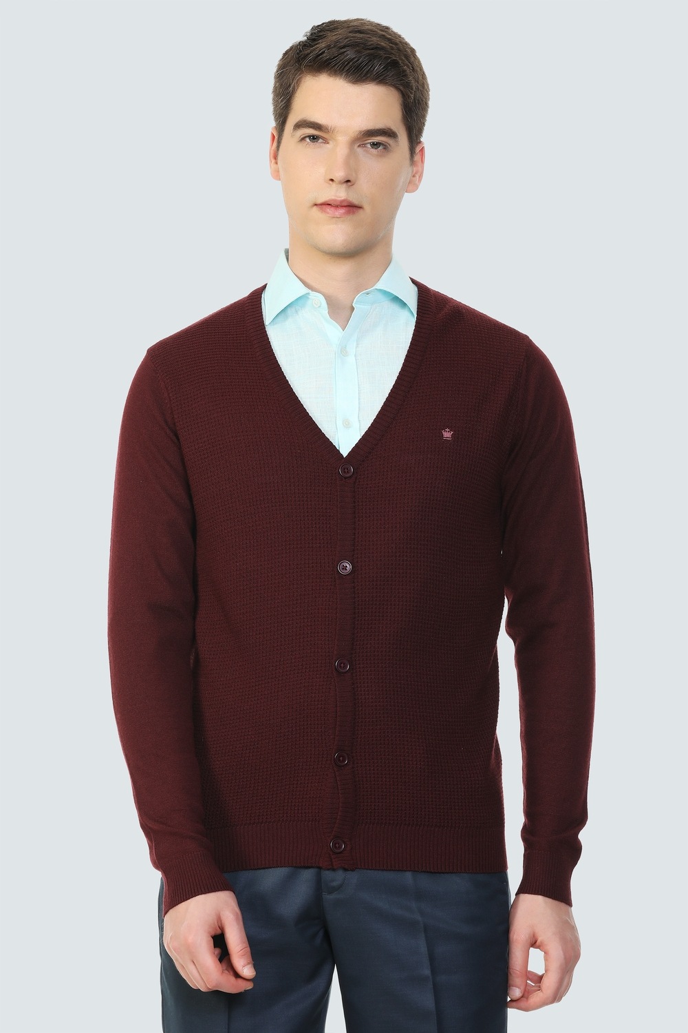 Men Maroon Textured V Neck Full Sleeves Sweater-Maroon