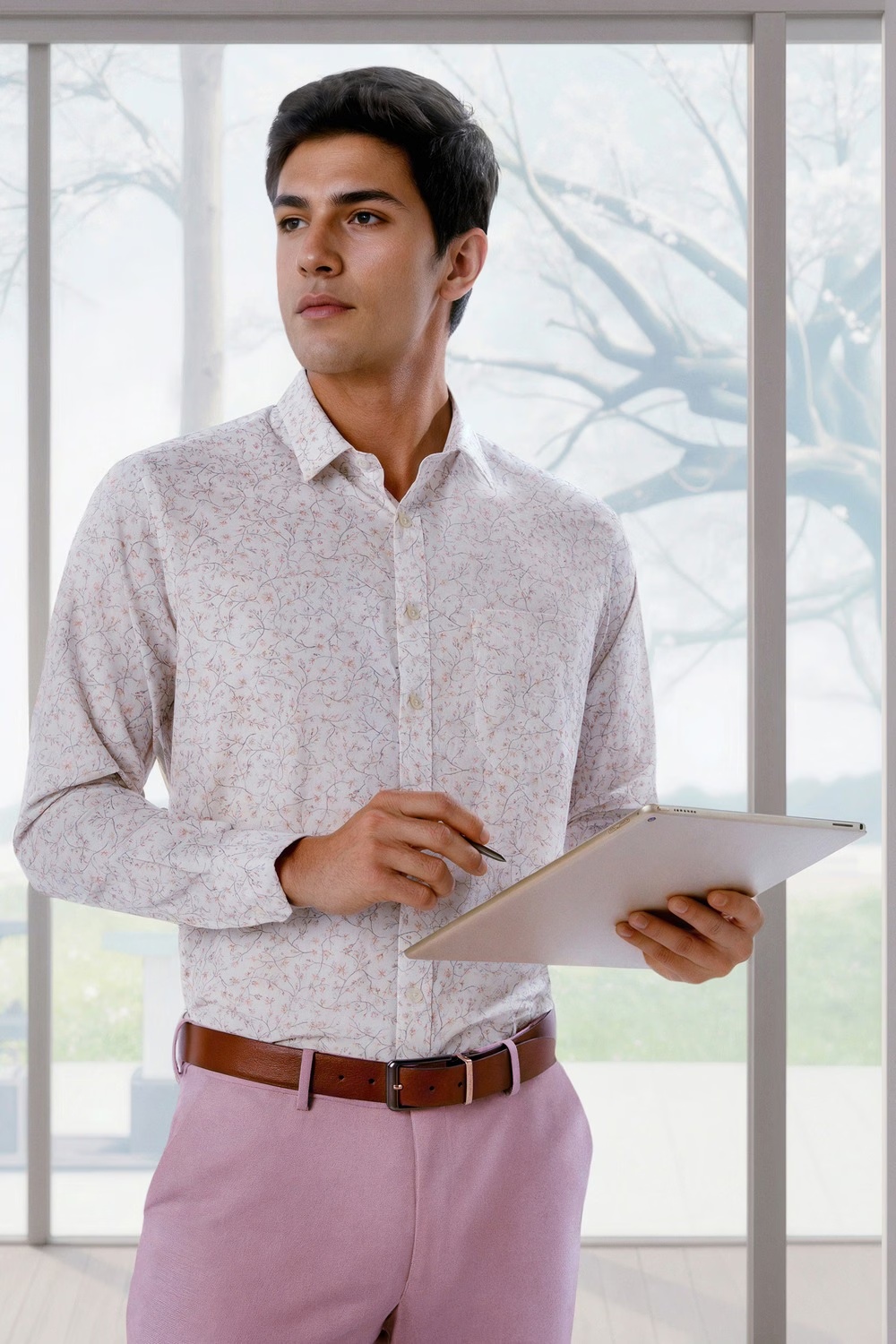 Men White Slim Fit Print Full Sleeves Formal Shirt-White