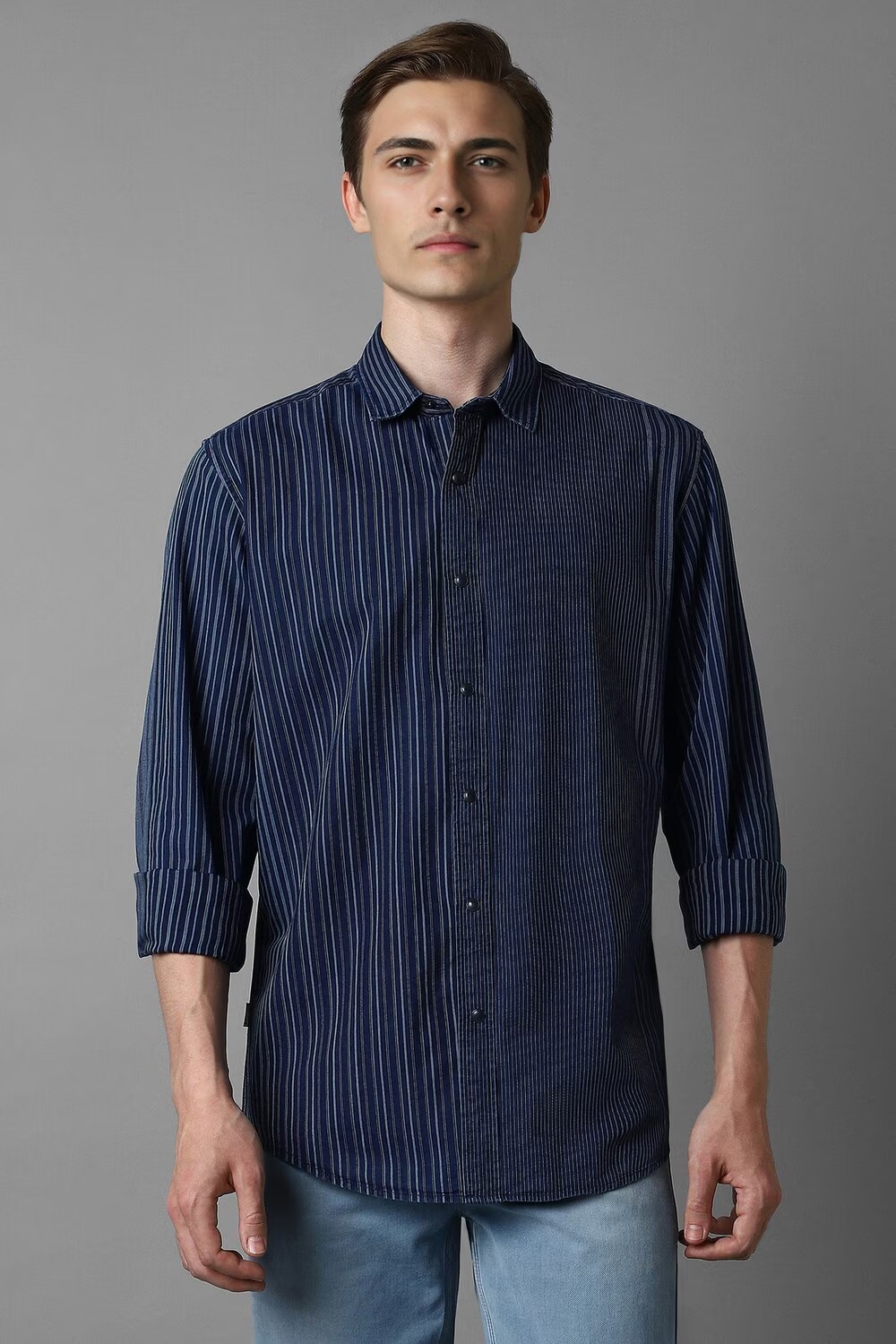 Men Navy Slim Fit Stripe Full Sleeves Casual Shirt-Navy