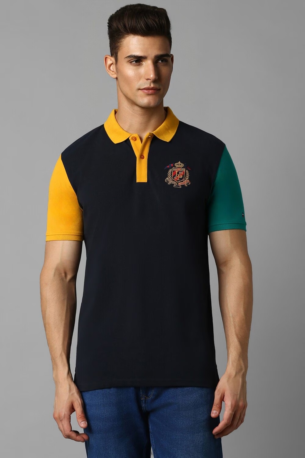 Men Black Print Polo Neck T-shirt-Black